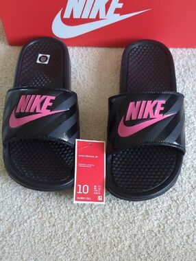 Nike Black Slide Sandals with Pink Swoosh